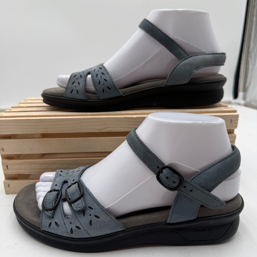 SAS Duo Buckle Sandal Leather Laser Cut Comfort Greyish Blue Womens 7 M